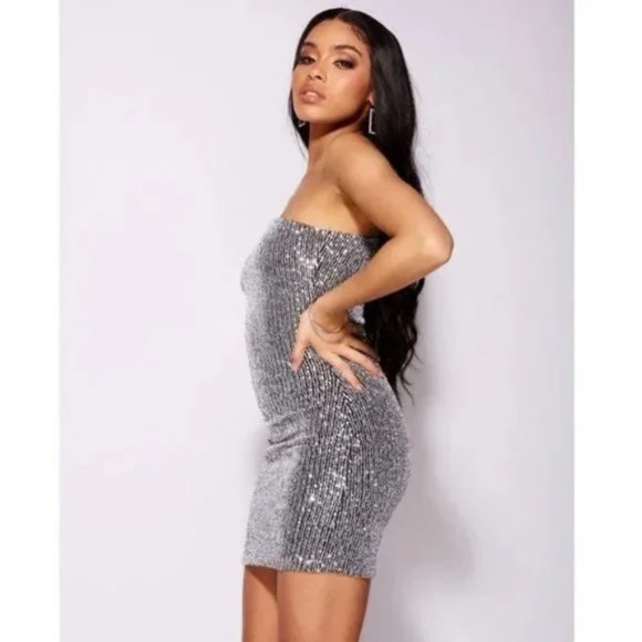 Silver Sequins Long Sleeve One Shoulder Bodycon Mini Dress - Picture 5 of 15